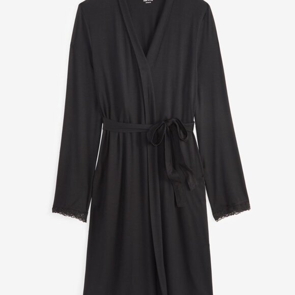 #33. State of Day | Women's Lace-Trim Knit Wrap Robe,  Deep Black - Picture 3 of 5